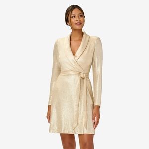 Adrianna Papell Metallic Jersey Short Wrap Tuxedo Dress in Gold 6